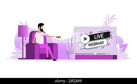 Man sits on the couch, they switch the channel on the TV - Live Webinar Stock Vector