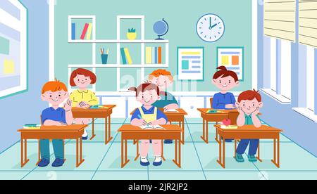 Students in classroom. Student behaviour, pupils sitting at desks on lesson. School college children, cartoon kicky kids educational vector scene Stock Vector