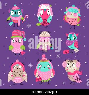 Funny winter owls xmas holiday season. Kid animals with present, sweets and snowflakes. Woodland owl in hat and scarf. Forest nowaday vector Stock Vector