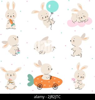 Cute cartoon bunny. Dancing rabbit, newborn baby funny animal stickers. Hare characters with carrot, sweet cake and balloon. Lovely nowaday vector Stock Vector