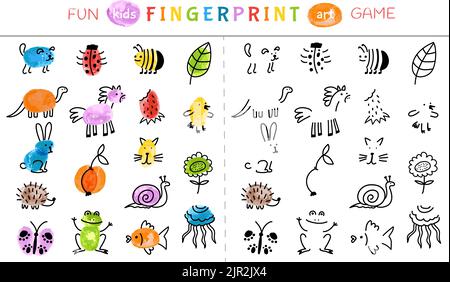 Kids fingerprint game. Paint baby finger print art play. Children learning drawing, school kindergarten activity in group. Animal draw decent vector Stock Vector