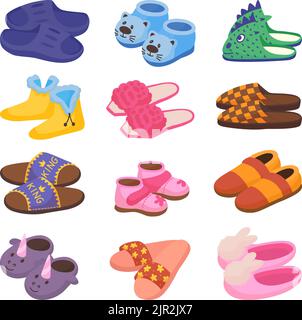 Cartoon slippers for kid and adults. Women home shoes, fluffy footwear. Winter house cozy slipper, comfortable accessories neoteric vector clipart Stock Vector