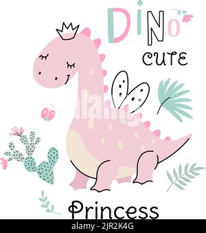 Princess girl dino card template. Cute dinosaur fairy, baby sweet graphic poster. Scandinavian style animal, shirt print or sticker nowaday vector Stock Vector