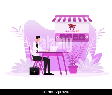 Laptop with and screen buy. Flat style characters. Concept online shopping Stock Vector