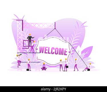 Welcome sign door, many people. Vector illustration Stock Vector