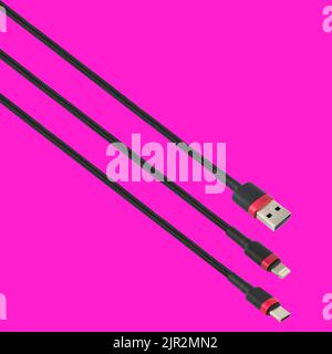 Cable with USB, Type-C and Lightning connector, isolated on a red background Stock Photo