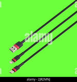 Cable with USB, Type-C and Lightning connector, isolated on a green background Stock Photo