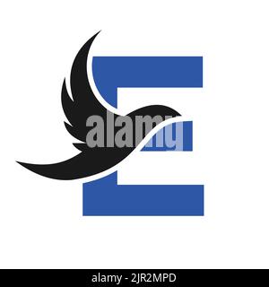 Letter E Flying Bird Logo Template Vector Sign. Dove Bird Logo on Letter E Concept Stock Vector