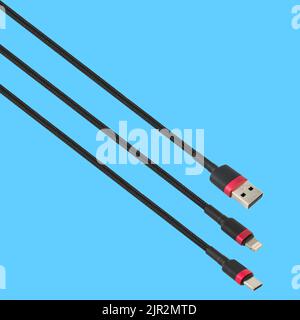 Cable with USB, Type-C and Lightning connector, isolated on a blue background Stock Photo