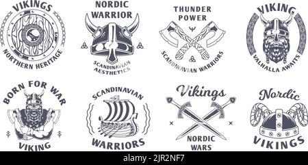 Vikings badges. Scandinavian or nordic authentic labels with vikings barbarians mascots old vintage weapons sword axe helmet and horn exact vector Stock Vector