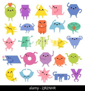 Geometrical mascot. Funny faces emoticons on polygonal circles and triangles shapes recent vector colored educational forms Stock Vector
