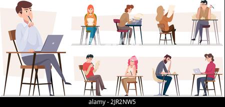 Writers. Bloggers freelancers working at laptop and writing books exact vector illustrations in cartoon style Stock Vector
