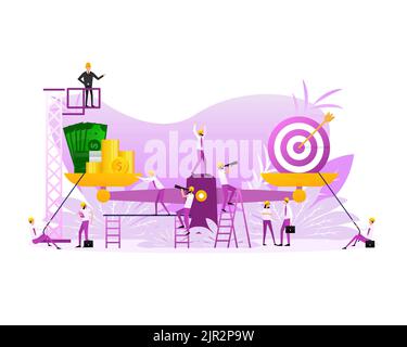 Flat target vs money on scales. Flat people. Time management. Vector illustration Stock Vector