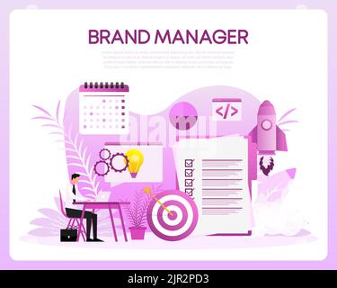 Brand manager in flat style. Employers working on branding. Reputation management. Vector illustration. Stock Vector