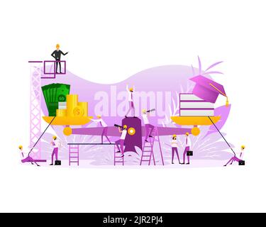 Cartoon money education scale for concept design. Flat people.Cartoon flat vector illustration Stock Vector
