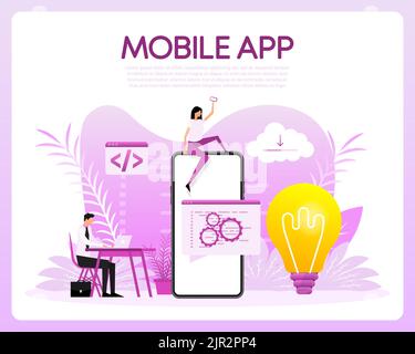 Mobile app with flat style people. Flat banner. Social media app. Vector design Stock Vector