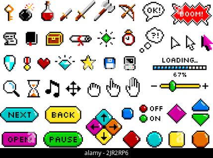 Pixel game elements. Knight sword, loading start pause 8 bit gaming icons. Retro pixels digital art symbols. Isolated cursors, bomb, level heart tidy Stock Vector