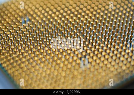Microprocessor on white background. golden pins facing up. The concept of new technologies Stock Photo