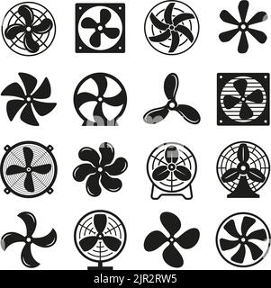 Cooling fan icons. Small fan cold, industrial ventilation icon. Electric blade, computers ventilator hardware or air turbine. Propellers tidy vector Stock Vector