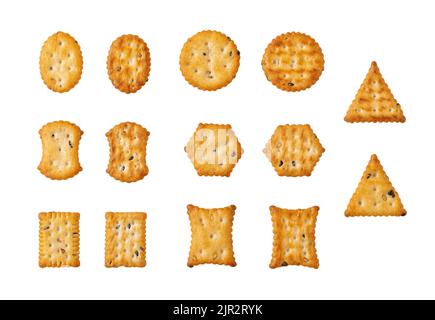 Saltine cracker variety isolated on a white background. Cutout of various shaped sesame cookies. Salty crackers with black and white sesame seeds set. Stock Photo