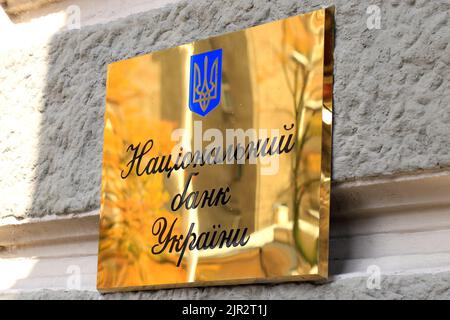 Yellow sign with inscription in Ukrainian - National Bank Ukraine hangs on wall of Central Bank in capital city Kyiv, Ukraine, 29 09 2021 Stock Photo