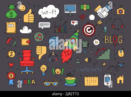Social media doodle icons collection. Doodles global network symbols, digital communication elements. Dislike like, message in bubbles classy vector Stock Vector