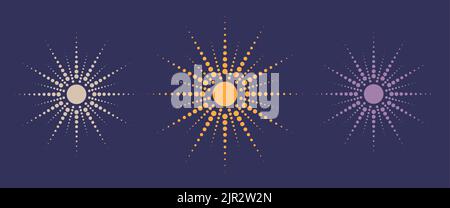 Dotted sun rays, set collection. Vintage sunburst background, logo design, Halftone effect, vector illustration isolated on purple background Stock Vector