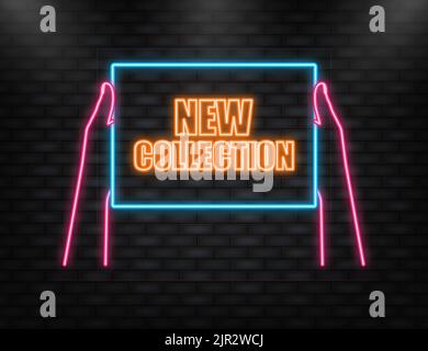 Hand holding signboard with text - New collection. Man showing billboard banner. Vector illustration. Stock Vector
