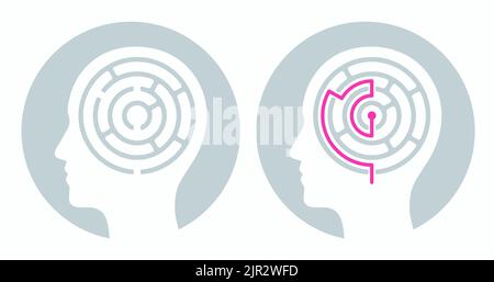 Human head silhouette with maze and solution. Solving problems of mind with psychology. Vector illustration, icon or logo. Stock Vector