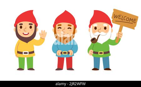 Three cute cartoon garden gnomes. Standing, waving, holding "Welcome" sign. Funny characters vector illustration set. Stock Vector