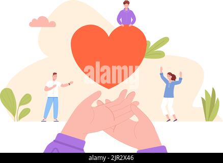 People artwork heart. Hands giving hearts, volunteers donation help, love symbol in handful, friends artists together social charity neighbor solidarity support vector illustration of charity heart Stock Vector
