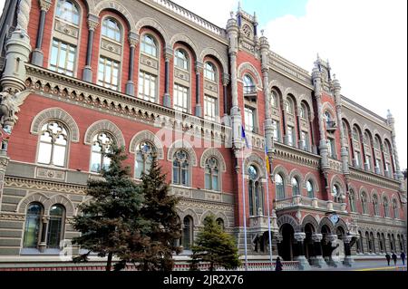 The building of the Ukrainian National Bank stands on the street in the capital city Kiev. Central finance building, Bank of Ukraine, Kyiv Stock Photo