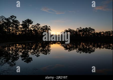 Colorful summer sunrise cloudscape over Long Pine Key reflected in perfectly calm lake water in Everglades National Park, Florida. Stock Photo