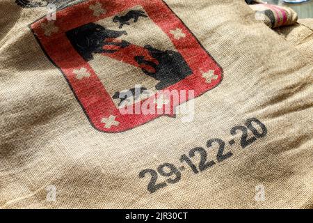 A close-up of a burlap bag shot showing texture details in a Parisian flea market Stock Photo