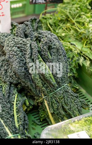 Bunch of dark green organic fresh cavolo nero black cabbage leaves on market Stock Photo