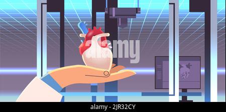 researcher hand holding heart model printed on 3d bio printer medical ...