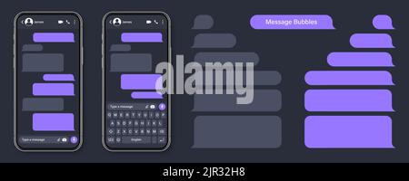 Realistic smartphone with messaging app. Blank SMS text frame. Conversation chat screen with violet message bubbles. Social media application. Vector Stock Vector