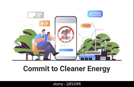 businessman using smartphone commit to cleaner energy carbon credit responsibility of co2 emission environment strategy Stock Vector