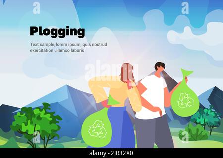 people picking up garbage into bags plogging ecological challenge save planet concept landscape background Stock Vector