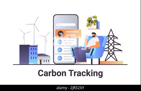 businessman using mobile app carbon tracking concept responsibility of co2 emission environment strategy Stock Vector