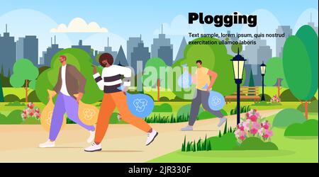 people picking up garbage into bags plogging ecological challenge save planet concept cityscape background Stock Vector