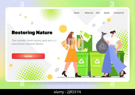 people putting garbage bags in different types of recycling bins segregate waste sorting management cleaning service restoring nature Stock Vector