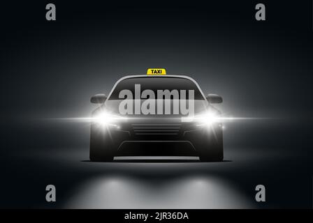 Taxi car front view in dark. Vector background night front view taxi car flash light head design. Stock Vector