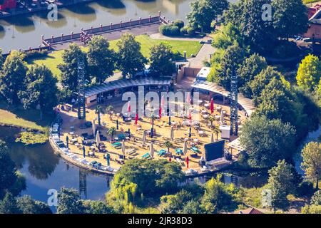 Aerial view, CentrO.Park with Beach Club and Corona distance rule in Centro Oberhausen in Borbeck, Oberhausen, Ruhr area, North Rhine-Westphalia, Germ Stock Photo