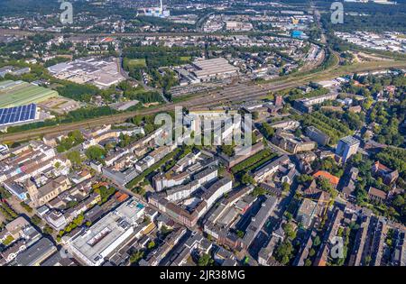 Aerial view, Oberhausen main station and city center view in Oberhausen, Ruhr area, North Rhine-Westphalia, Germany, district court, railroad tracks, Stock Photo