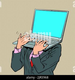 Pop art businessman with laptop laptop instead of a head. An electronic device carrying a computer. Office work Stock Vector