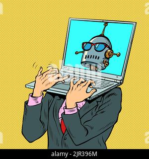 Pop art robots laptop laptop instead of a head. Electronic device laptop computer. Office work Stock Vector