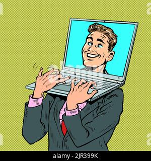 Pop art businessman with laptop laptop instead of a head. An electronic device carrying a computer. Office work Stock Vector