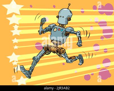 The robot runs along the red carpet. Leader Hero Stock Vector