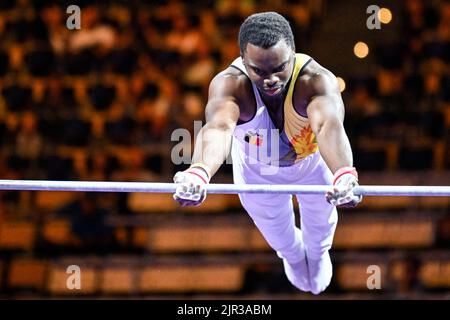 Munich, Germany, 21 August 2022. Belgian gymnast Noah Kuavita pictured in action during the final the men's horizontal bar of the Artistic Gymnastics European Championships Munich 2022, in Munich, Germany, on Sunday 21 August 2022. The second edition of the European Championships takes place from 11 to 22 August and features nine sports. BELGA PHOTO ERIC LALMAND Stock Photo